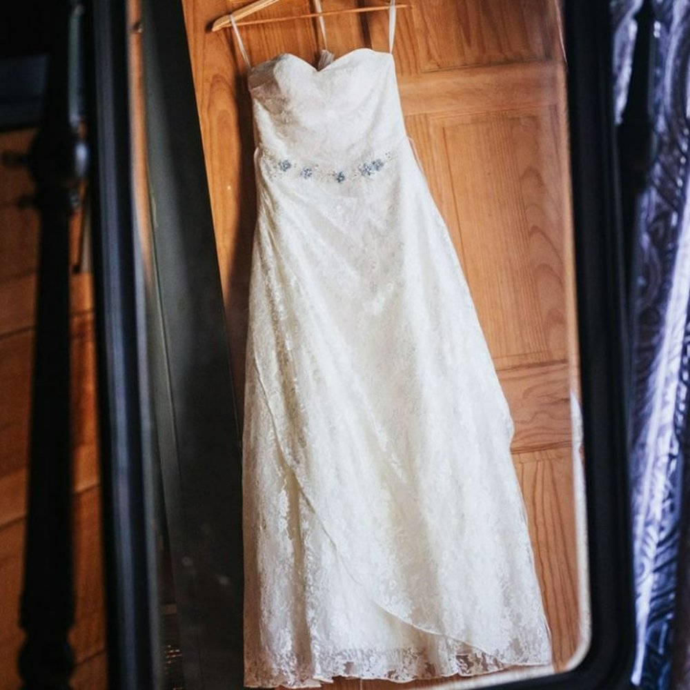 Allover lace A-line strapless ivory wedding dress (David's Bridal WG3805)